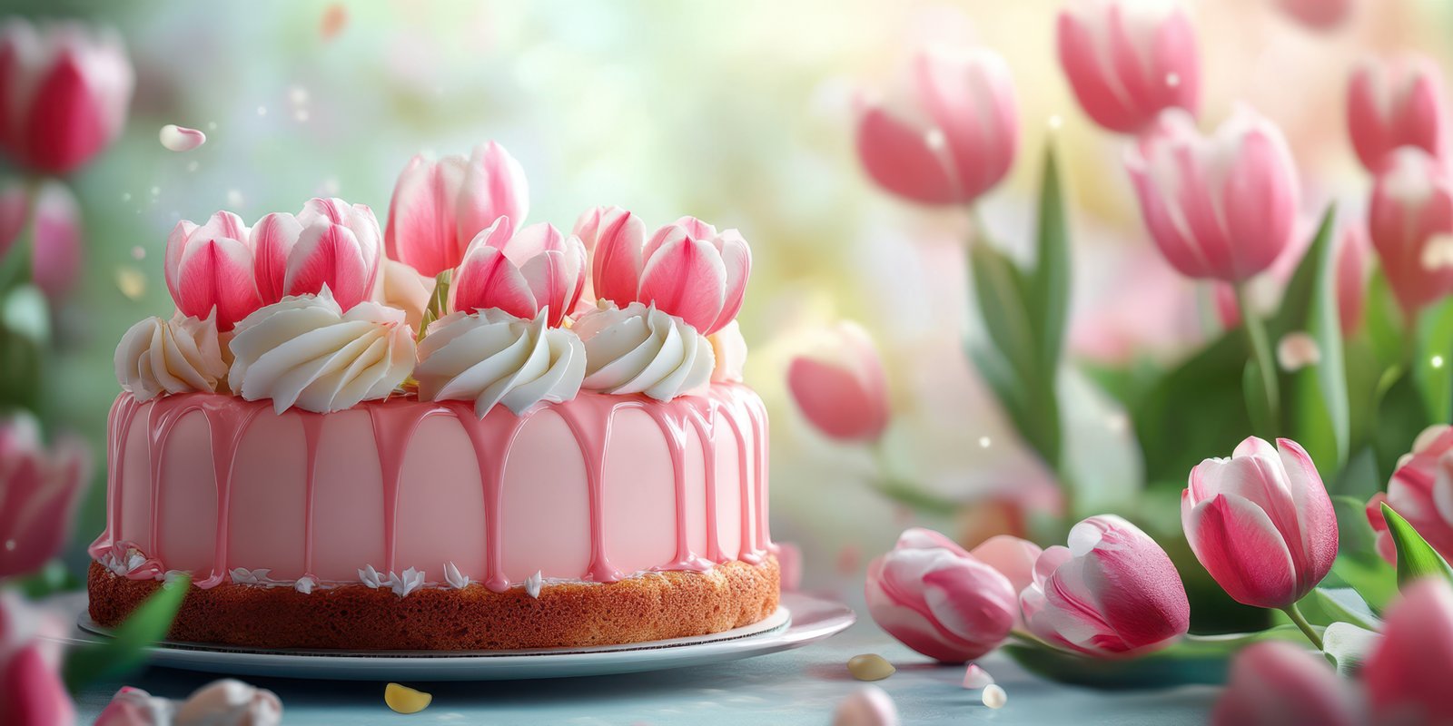 Pink tulip decorated cake surrounded by vibrant flowers in a spring garden setting